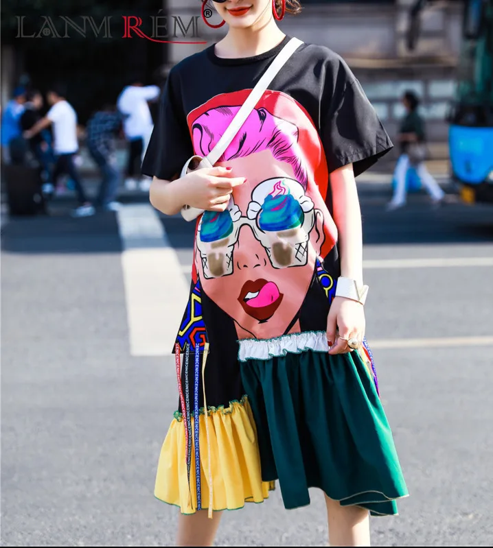 

LANMREM 2019 Summer New Pattern O-neck Short Sleeve Stitching Ruffles Hem Abstract Printing Ladies Fashion Loose Dress BA582