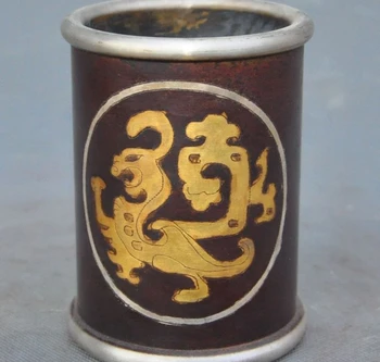 

Old Chinese Dynasty pure bronze gilt Dragon Oxen Lucky brush pot pencil vase