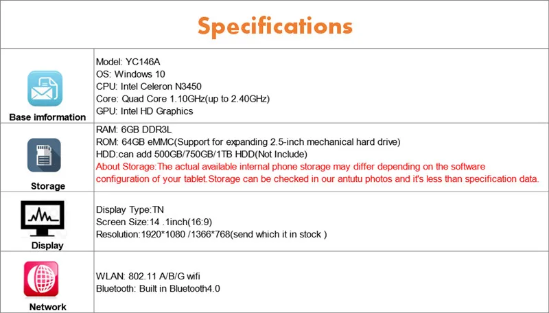 Perfect Windows10 System 14inch Laptop 6G RAM+64G EMMC+HDD In-tel N3450 HDMI WIFI with 9000mAh High Battery notebook ultrabook 4