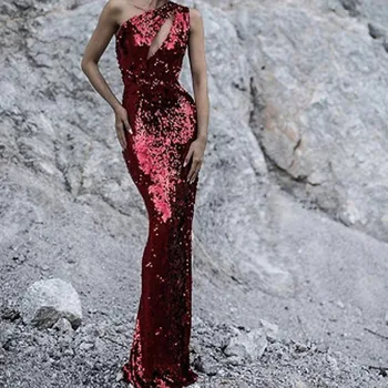 

Luxury Sequined Oblique Collar Evening Party Dresses 2019 Women Sexy Off Shoulder Backless Long Shining Dress Retro Female Robe