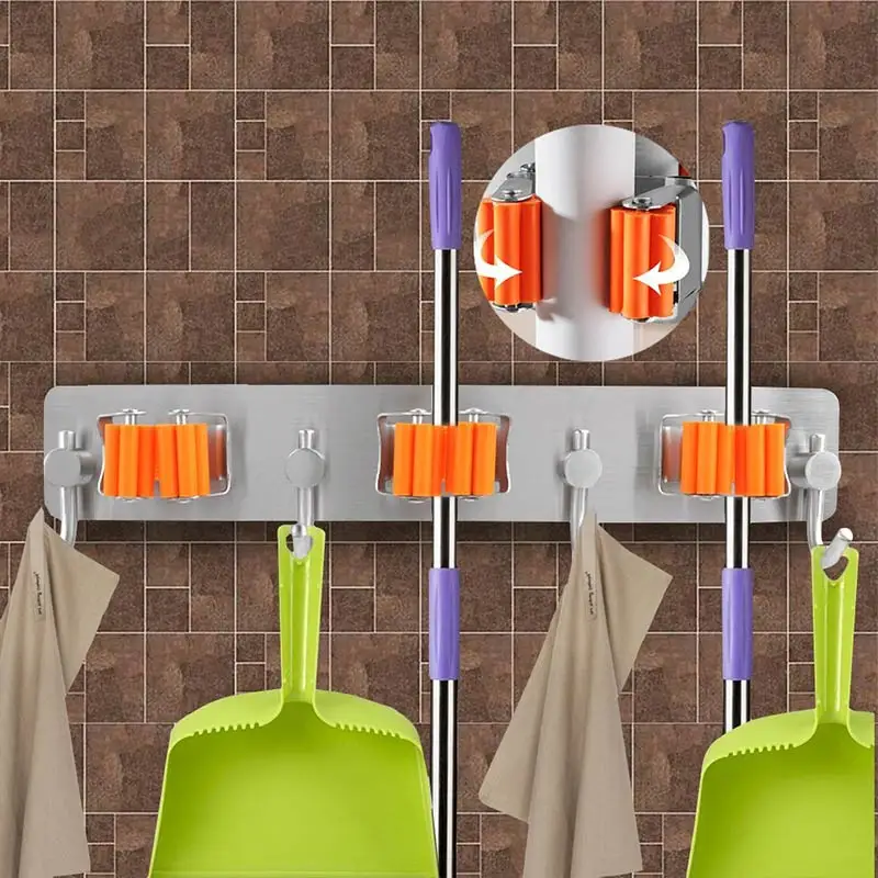 Stainless Steel Wall Mounted Shelf Storage Holder for Mop Brush Broom