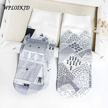 

[WPLOIKJD]Art Print House Scenery Harajuku Socks Creative Japanese Ankle Socks Women Skarpetki Calcetines Mujer Meias Feminino