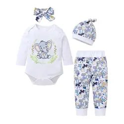 Одежда с длинными рукавами для новорожденных мальчиков и девочек, комбинезон-слон, топ + штаны + шапка, комплект повседневной одежды