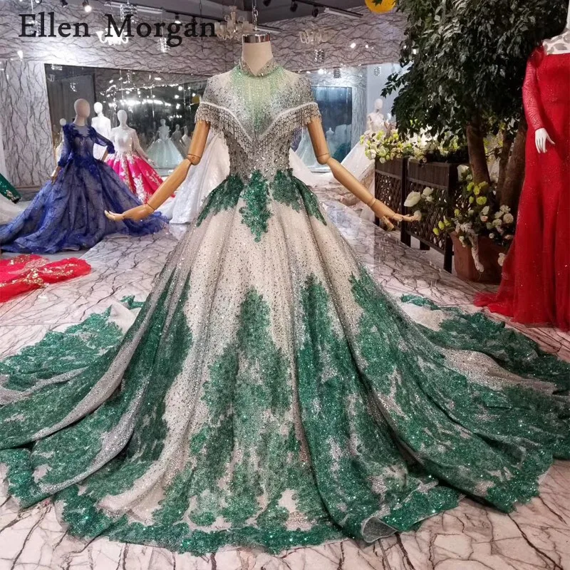 

Luxury High Neck Lace Ball GoWedding Dresses for Women Lace Beaded Pearls Vintage Contrast Color Backless Bridal Gowns 2019