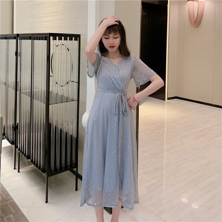 

P Ammy Glittering Stars V-Neck Dress M~4XL Plus Size Women 2019 Summer short-sleeved Waist tie long dress