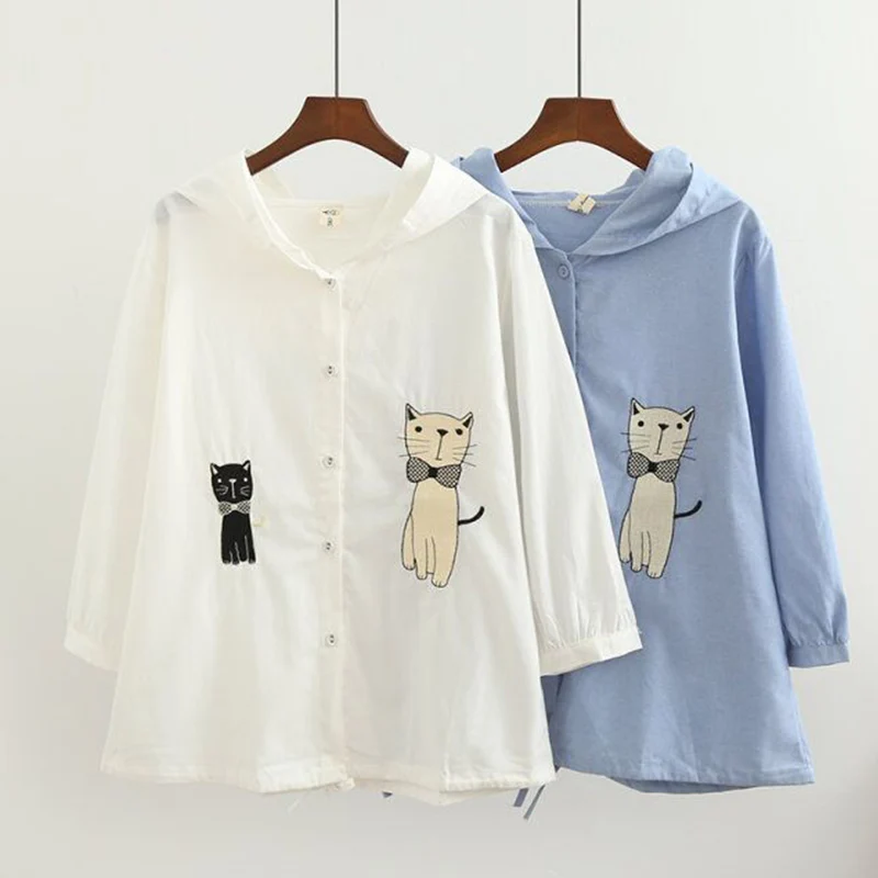 

Harajuku Mori Girl Autumn Sweet Jacket Women Cartoon Cat Embroidery Solid Color Outerwear Female Hooded Basic Jacket U072