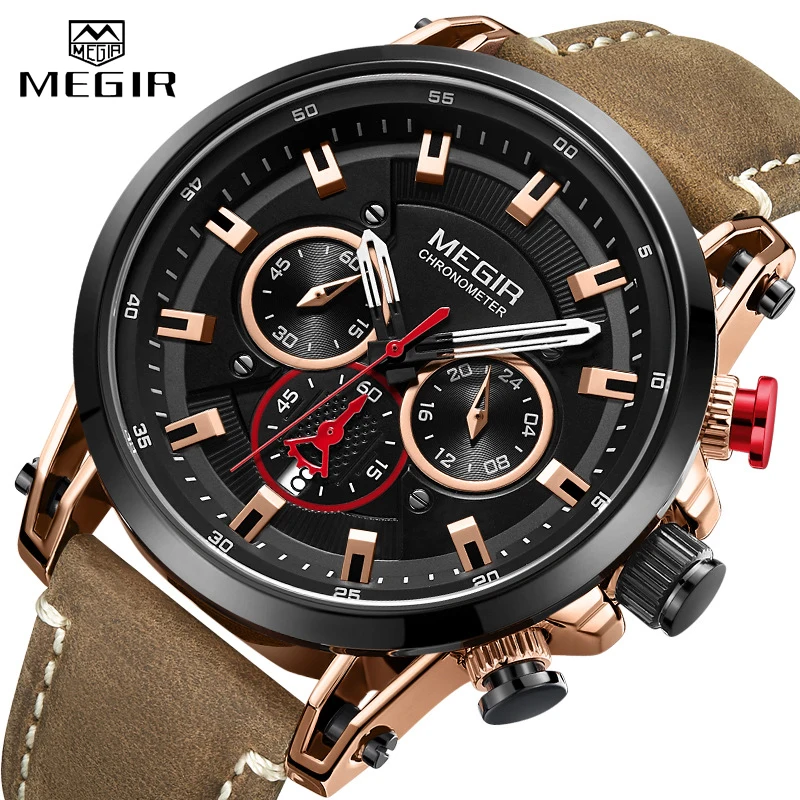 Relogio Masculino MEGIR часы мужские s кожаный ремешок Кварцевые спортивные