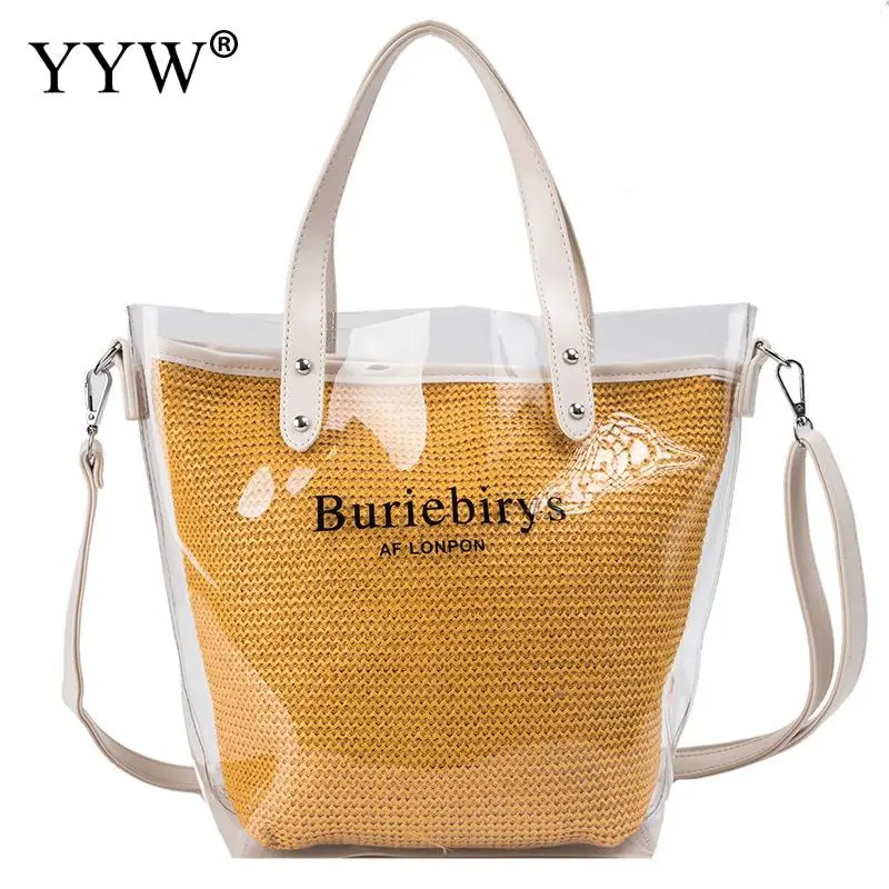 

Yellow Straw Woven Tote Women Handbag And Purse 2 Pcs Transparent Shoulder Large Capacity Clear Pvc Summer Beach Bag Female New