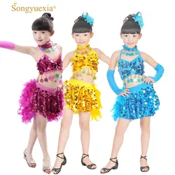 Songyuexia детей Новый перо танцевальные костюмы блесток Латинской платье для детей детский топ для девочек юбка сценического танца костюмы