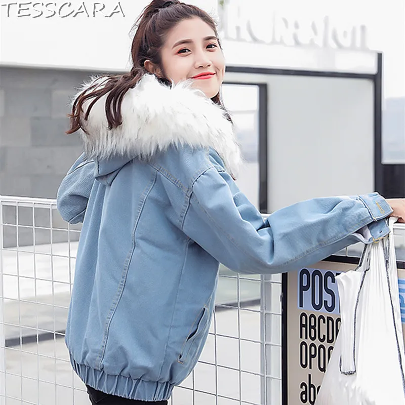 amp; grey Base Parka Vêtements Et Veste Automne Manteau Hiver Vestes Tesscara Bomber Avec Femelle Denim Pink Femmes white De Fourrure Jeans Capuche Manteaux Faux 5B648wn