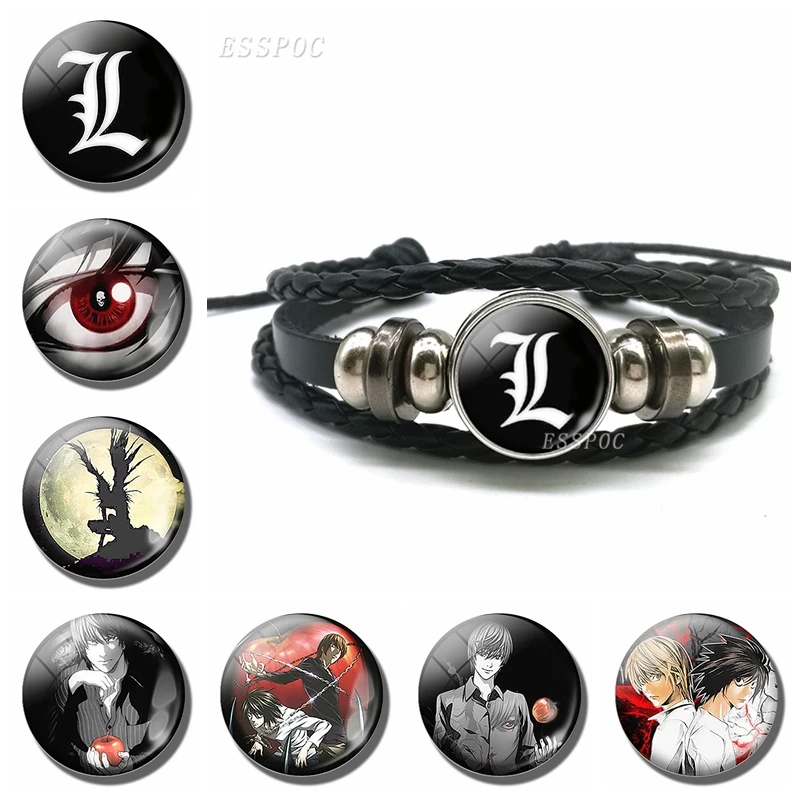 

Game Badge Black Button Leather Bracelet Death Note Light Yagami Anime Glass Dome for Women Men Jewelry Fashion Accessories Gift
