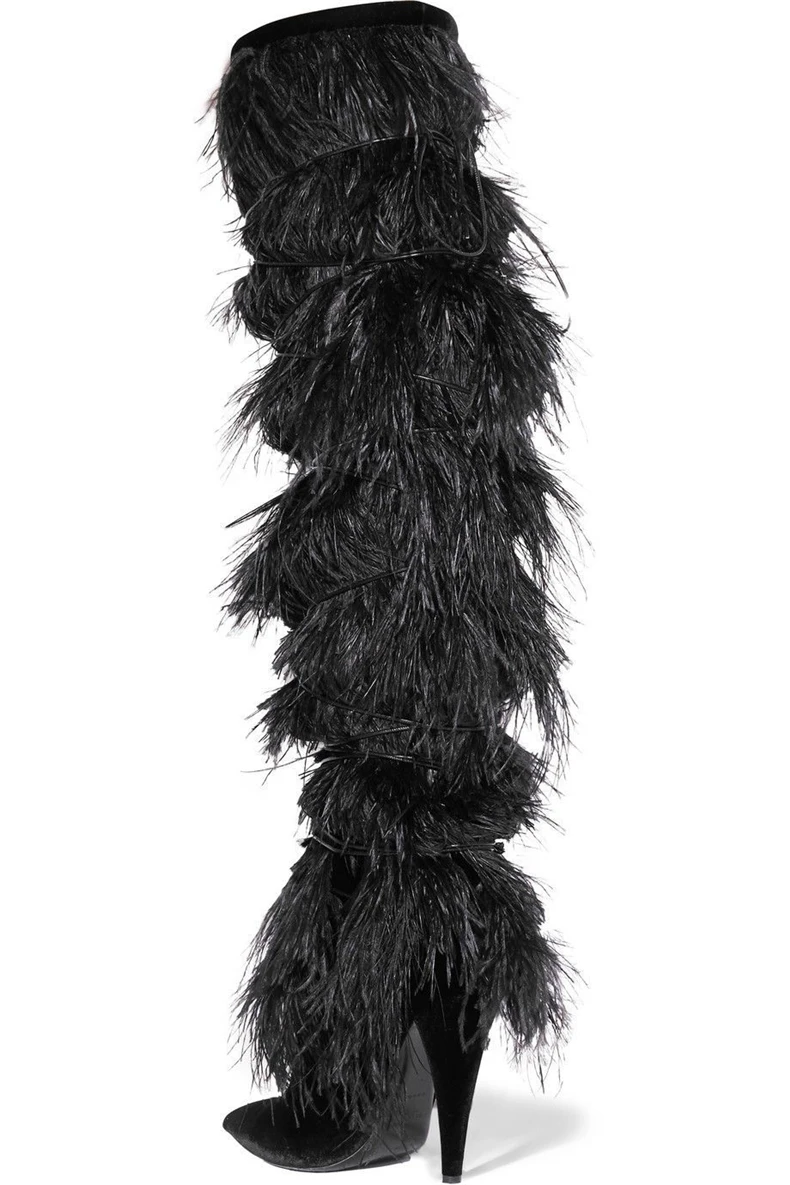 Mcacchi/Замшевые Сапоги до колена с мехом и перьями; женские кожаные мотоботы на высоком каблуке с острым носком и бахромой; зимняя женская обувь для подиума