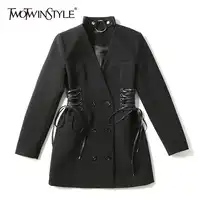 TWOTWINSTYLE Lace Up Blazer Dress For Women Halter Long Sleeve Tunic High Waist A Line Mini Dresses Autumn 2019 Fashion Sexy