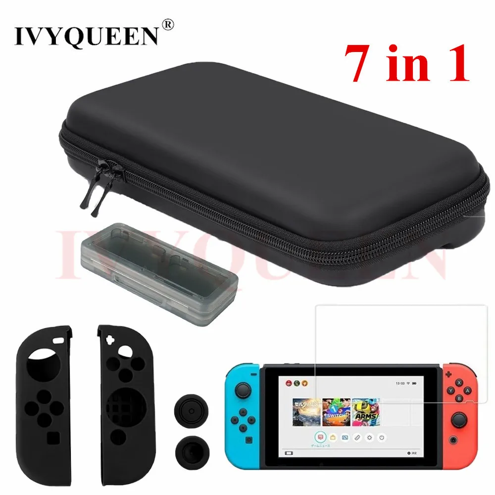 IVYQUEEN 7 in 1 for Nintend Switch Console Hard Carrying Storage Bag Tempered Glass Screen Protector