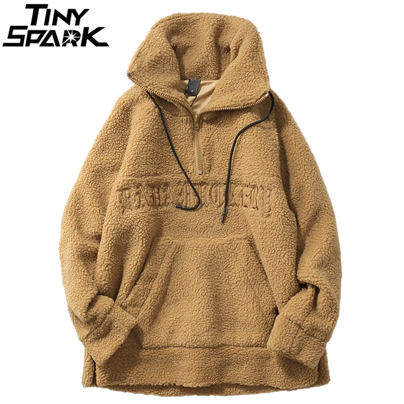 

Hip Hop Lamb Wool Jacket Men Gothic Letter Embroidery Jackets Coat Fleece Autumn Winter 2018 Half Zip Jacket Streetwear Retro