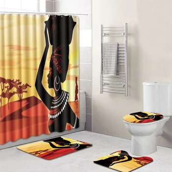 

Sexy Skirt Girl Bathroom Curtain Waterproof Fabric Blowing Bubble Gum Curls African Women Shower Curtain and carpet set
