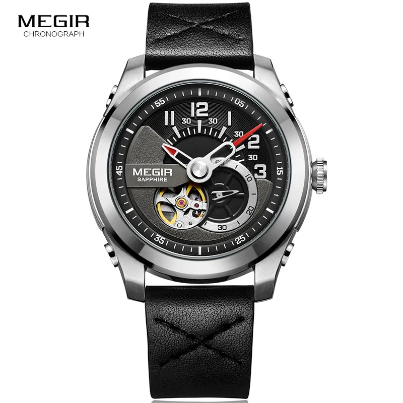 MEGIR Модные мужские механические часы с кожаным ремешком, черные аналоговые механические наручные часы с скелетом для мужчин, водонепроницаемые 62050GBK-1