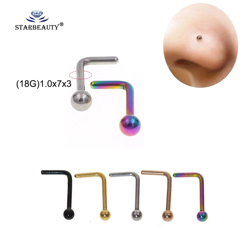 Mix Color Stainless Steel 1*7mm Bone Screw Bend Nose Stud Rings Piercing Jewelry 3mm Ball