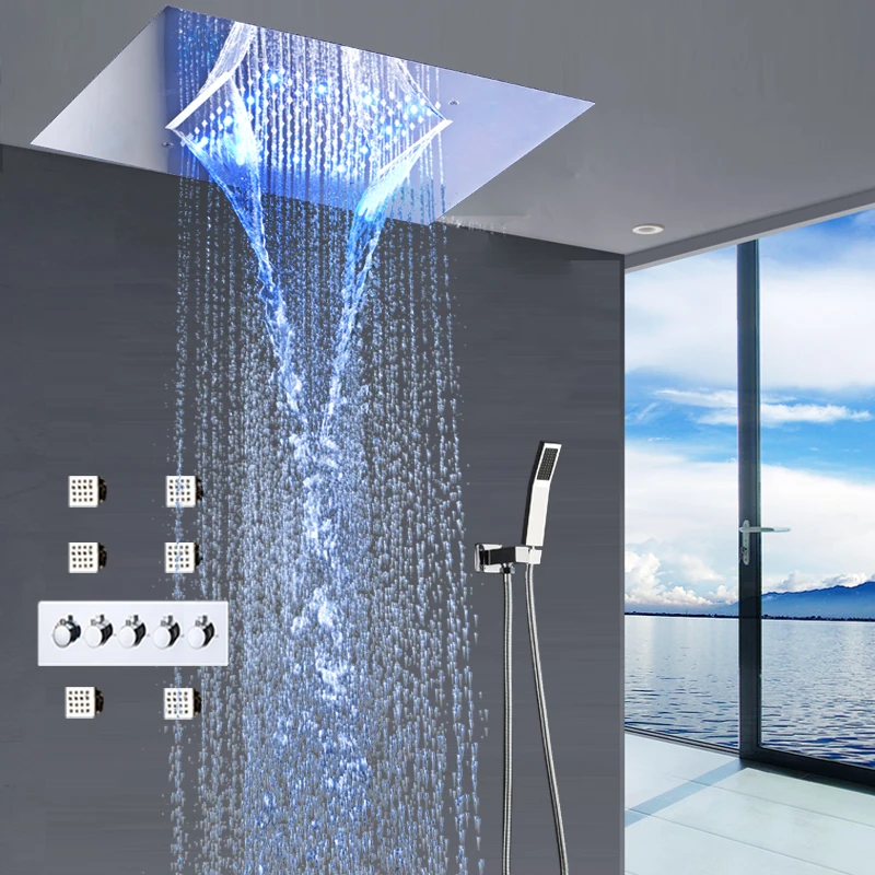 Moderne Douchekranen Set Plafond Verzonken LED Regendouche Set Waterval