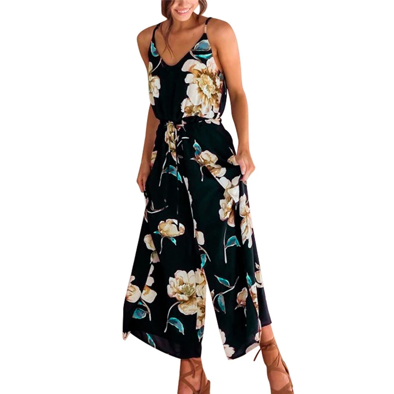 Womens Summer Jumpsuit Lady Boho Strappy Floral Sleeveless Sling Long Trouser Playsuits Jumpsuit Rompers Holiday Clubwear #J25 (2)