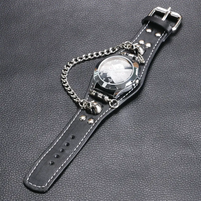 Новое прибытие Прохладный панк браслет Кварцевые часы наручные часы черепа пуля цепи готический стиль аналоговый кожаный ремешок мужчин женщин Xmas подарок