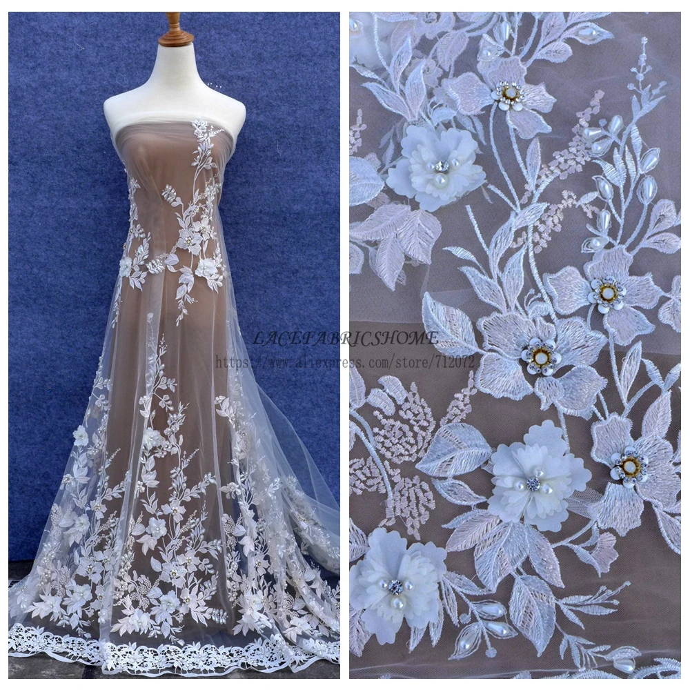 

La Belleza Off white/mixed colours 3D flowers rhinestones pearls beaded wedding/evening dress lace 51'' width 1 yard