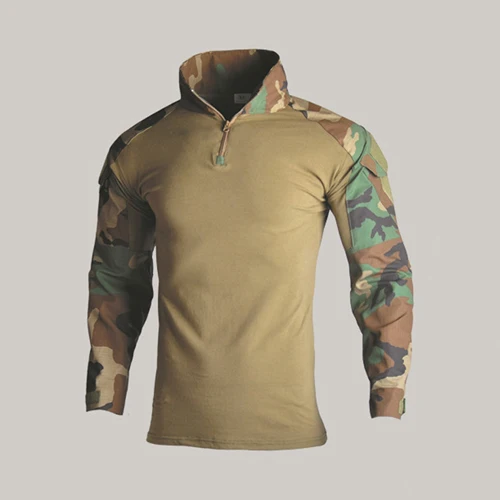 Men Army Tactical T shirt SWAT Soldiers Military Combat T-Shirt Long Sleeve Camouflage Shirts Paintball T Shirts with knee pads - Цвет: Woods GREEN