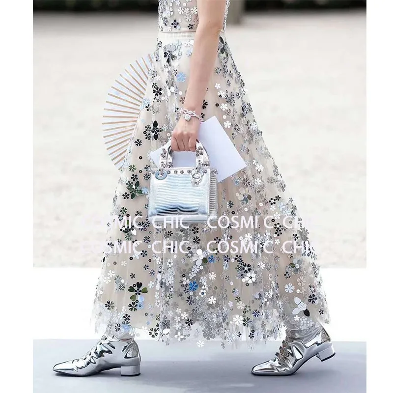 

CCCC 2019 Runway Designer Women High Waist Mesh Maxi Skirt Mirrors Sexy Transparent Long Skirts Haute Couture Falda Mujer