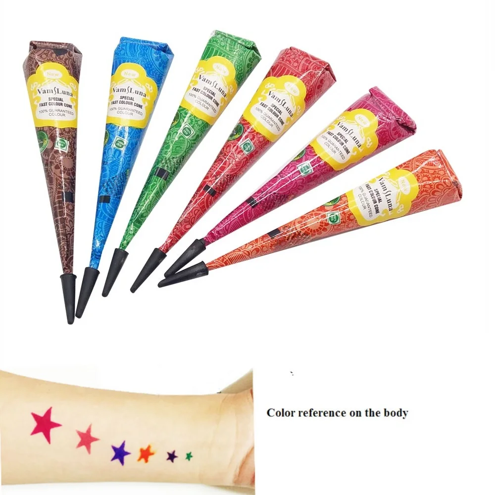 6X الملونة الحناء مخروط مؤقت غير مؤلم الهندي الوشم هيئة الفن ل اللون تصاميم MEHENDI 6X الملونة الحناء مخروط مؤقت غير مؤلم الهندي الوشم هيئة الفن ل اللون تصاميم MEHENDI