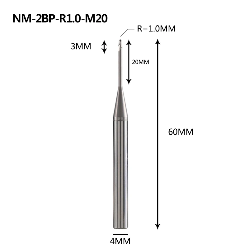 NM-2BP, Вольфрамовая сталь, 2 флейты, круглый нос, длинная шея, с покрытием, Концевая фреза, Фрезерный резак, режущие инструменты для меди и алюминиевого сплава - Длина режущей кромки: NM-2BP-R1.0-M20