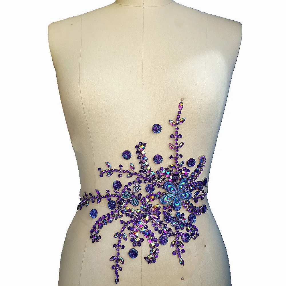 

bi.Dw.M Hand Made Creative Purple Beaded Rhinestones Appliques Patches 22x28cm For Sewing Accessories Wedding Bridal Dresses