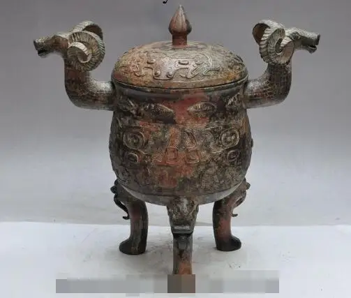 

S5392 Ancient Chinese dynasty pure Bronze sheep head statue zun incense burner Censer