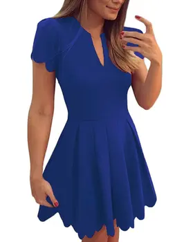

Women's Cute V Neck Sweet Scallop Pleated Skater Dress