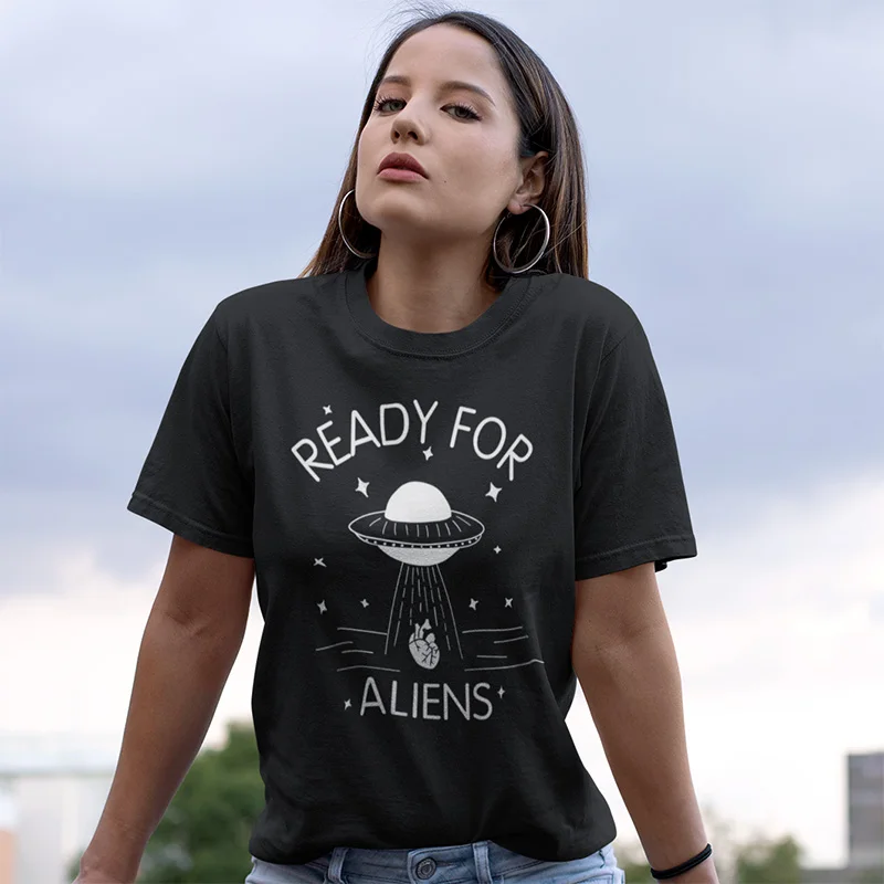 

Alien T Shirt Funny Women Summer Novelty Print O-Neck Short Sleeve Tops Tee Female 100% Cotton Girls UFO Tshirt