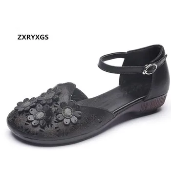 

New Ethnic Style Summer Leather Sandals Flat Soft Bottom Flower Cowhide Hollow Fashion Sandals Casual Shoes Non-slip Mom Shoes
