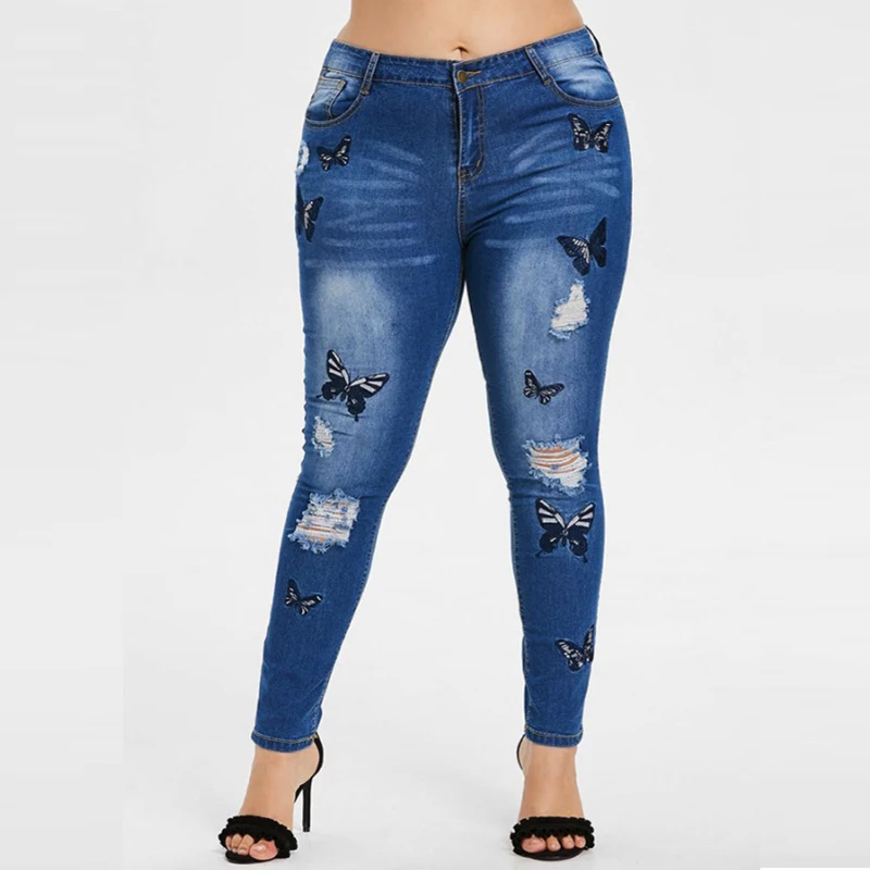 

NEW Ripped hole fashion Jeans Women High Waist skinny pencil Denim Pants Elastic Stretch butterfly embroidery sexy Jeans women