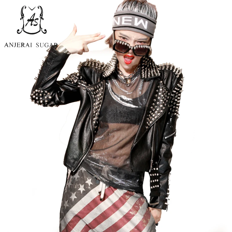 PU Leather jacket Women coat black Short Slim Rivet zipper