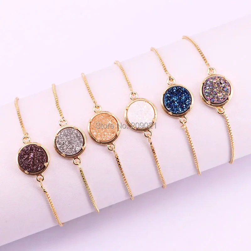 

10Pcs Gold Color Bezel titanium quartz stone round connector Beads Charm Adjustable Chain Bracelet