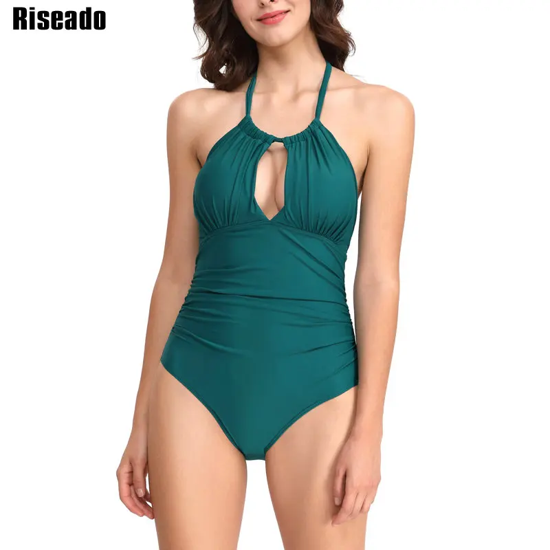

Riseado New 2019 One Piece Swimsuits Ruched Swimwear Women Halter Swimsuits Solid Bathing Suits Deep V Beachwear
