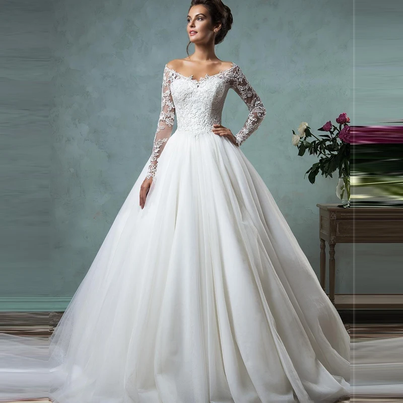 High Quality Modern Bride Gowns Lace Long Sleeves Off The Shoulder High Quality Modern Bride Gowns Lace Long Sleeves Off The Shoulder Ball Gown Wedding Dress Bridal Vintage Robe De Mariage In Dresses From