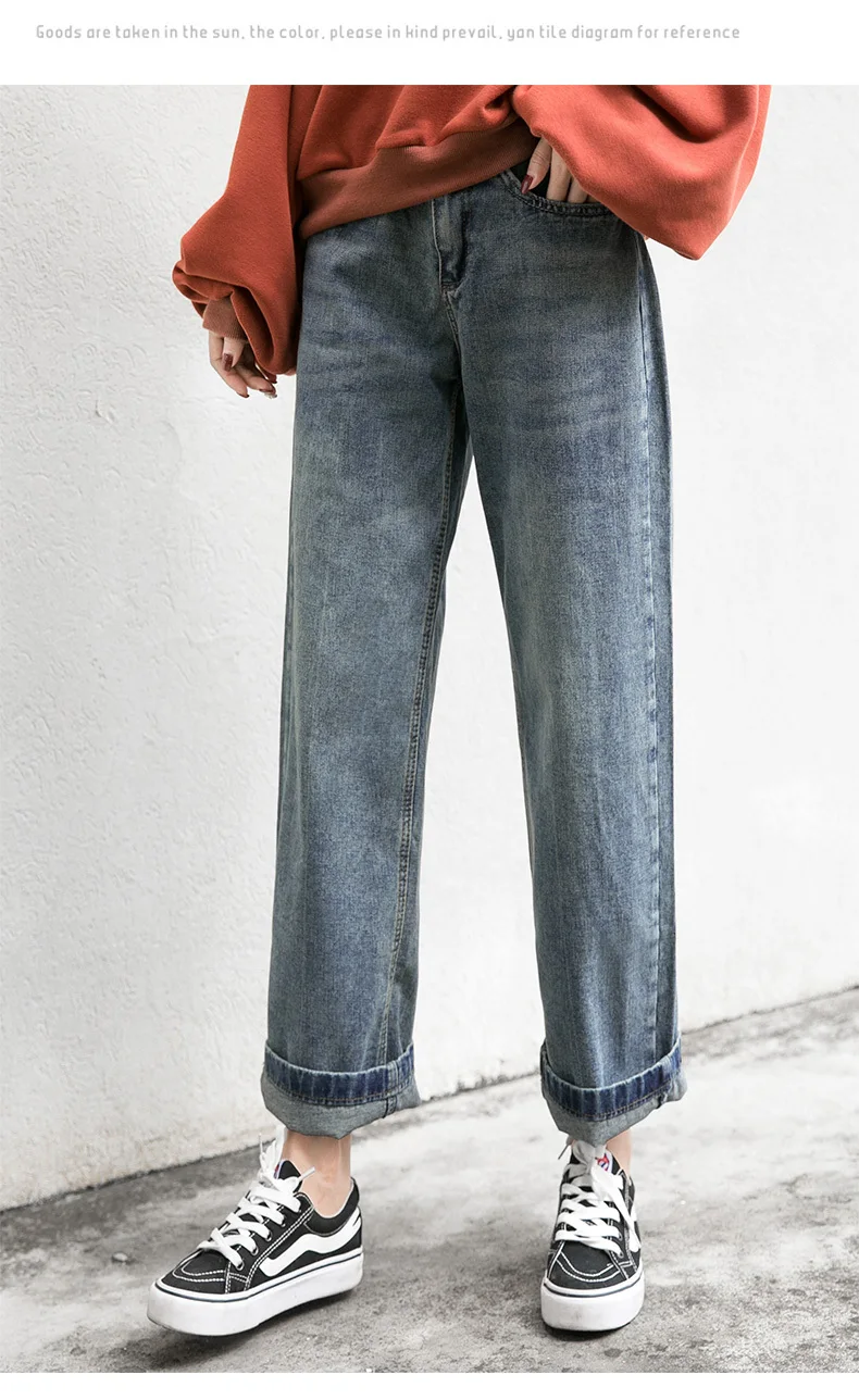 Демисезонный джинсы-бойфренды для Для женщин Высокая Талия синие джинсы женские карманы Повседневное Широкие штаны