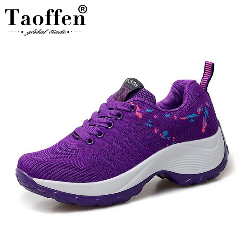 

Taoffen Women Sneakers Knitting Vulcanized Shoes Lace Up Round Toe Wedges Platform Breath Air Mesh Shoes For Women Size 35-42