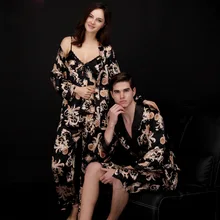 

Couples Silk Pajama Three-Piece Set Women's Summer Print Three-Piece Set Long-Sleeve Men's Nightgown Bathrobe Soft Silk