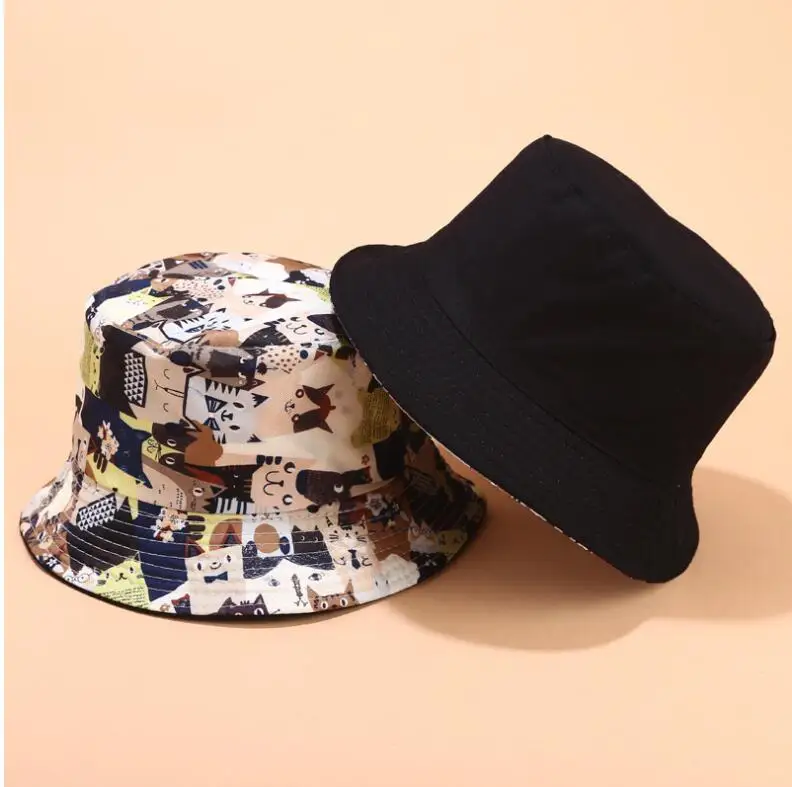 

2019 Two Side Reversible Cartoon cat bucket hat for men women hip hop fisherman hat Adult panama bob hat summer lovers flat hat