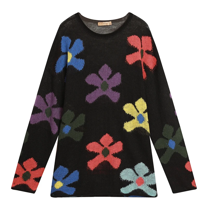 ELF SACK 2019 New Oversized Woman Sweater O-Neck Full Solid Women Pullovers Hand Knitted Streetwear Ladies Cute Sweater Tops