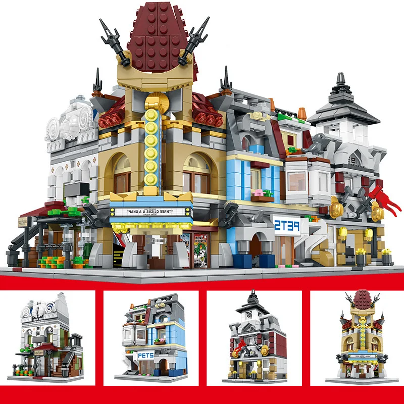 

Mini Street Model Restaurant Pet Shop Architecture Cinema Building Blocks Sets Compatible Legoings City Bricks Toys for Children