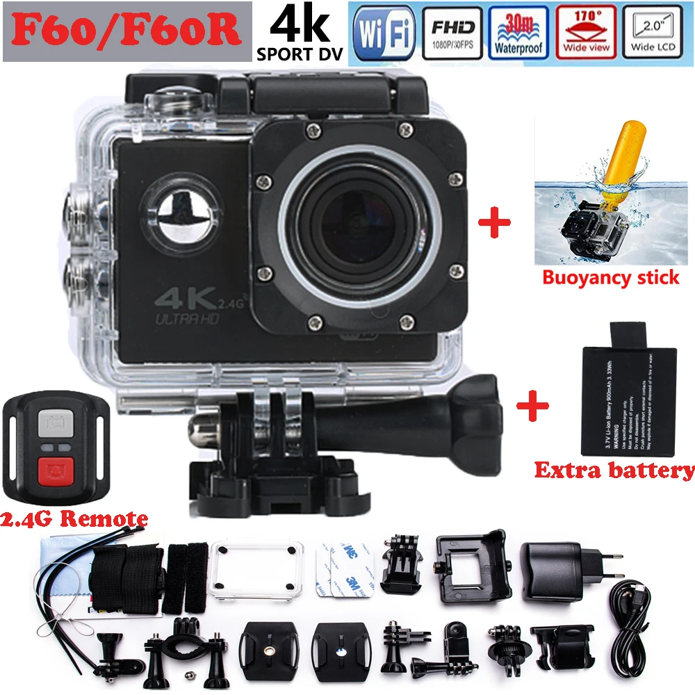 Best Selling F60R Wifi 4K go Action Camera pro 2.0 inch screen 170 Wide Lens waterproof action cam Add Buoyancy stick + battery