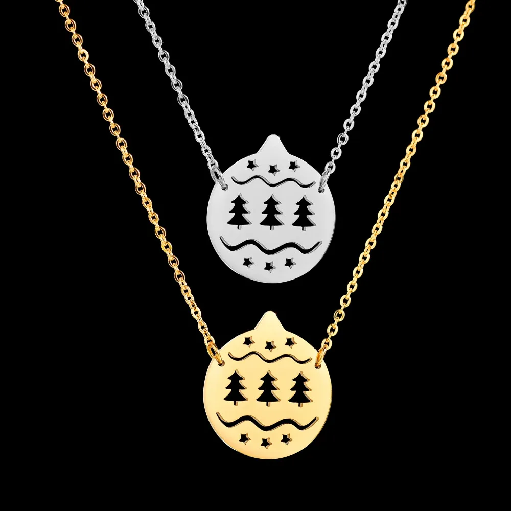 

Doreen Box New Fashion Christmas Tree Stars Round Hollow Out Pendant Necklace Stainless Steel Women Men Party Jewelry Gifts