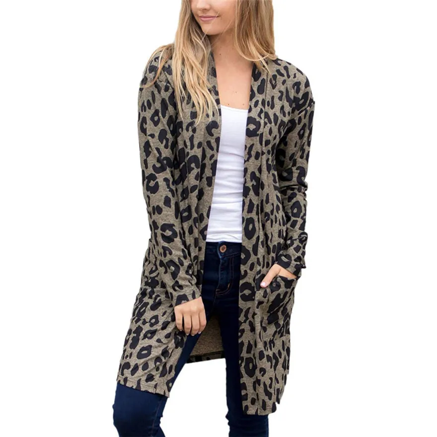 Женская мода Леопардовый принт длинный рукав карман пальто Блузка Кардиган Топ#1022 A#487 - Цвет: Black