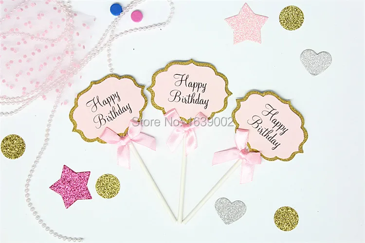 

20pcs/lot Newest Happy Birthday Pink Bow Paper Cake Topper Free shipping